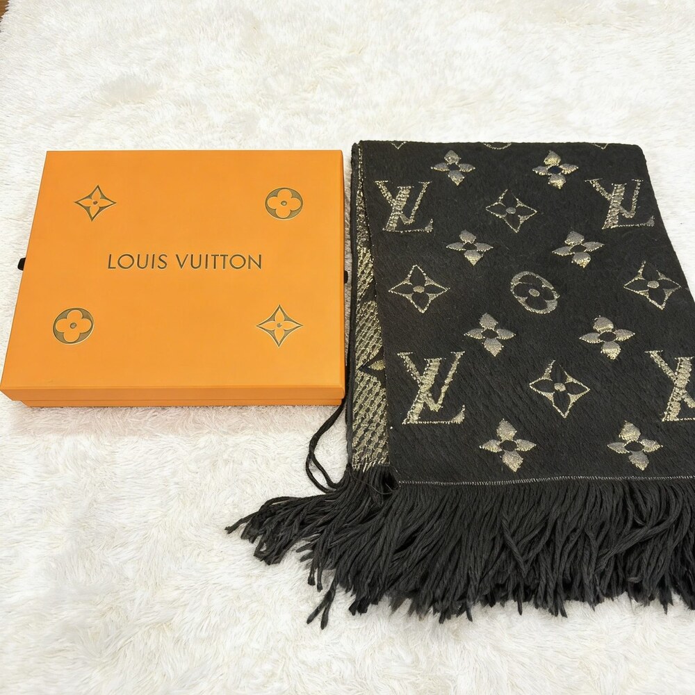 Louis Vuitton Black Gold-Tone Monogram Fringe Scarf - Picture 1 of 4